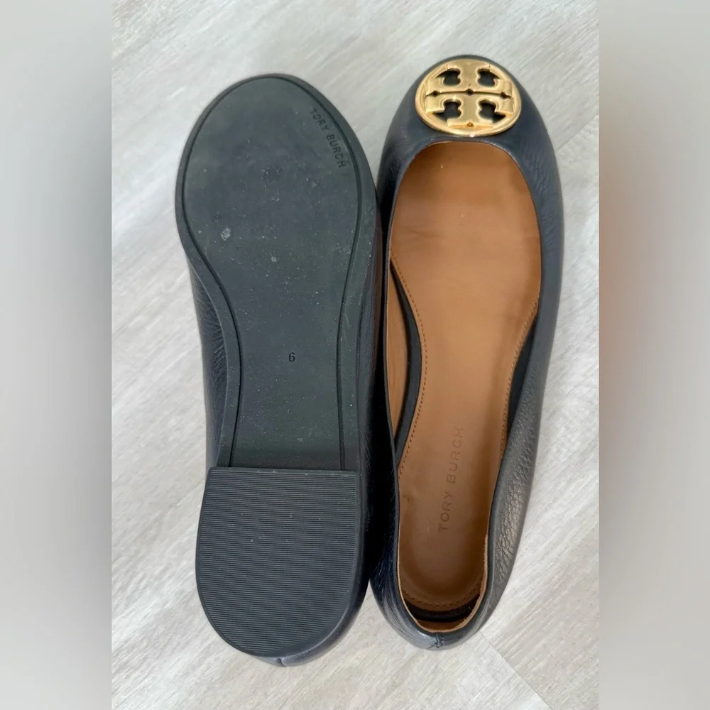 Tory Burch Benton Ballet Flats Shoes Black Nappa Leather Gold Tone Logo Size 6